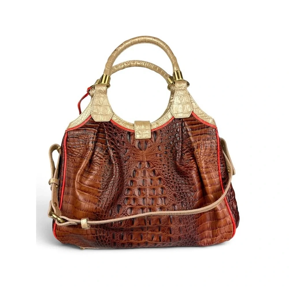 Brahmin Pecan Melbourne Croc Embossed Leather Satchel Gold Trim Brown Red Bag